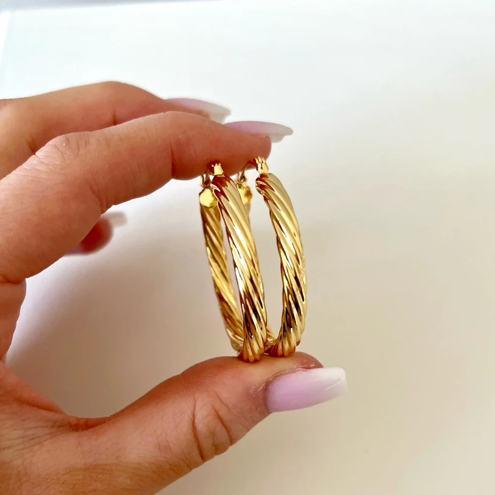 Gold Twist Thick Hoop Braid Earrings Stylish Hoops - Picture 2 of 4